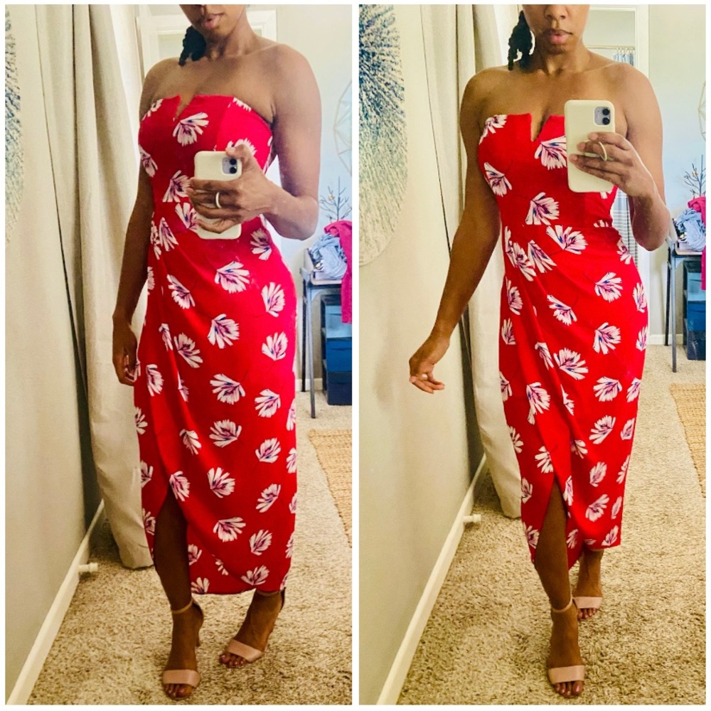 Express Faux Wrap Floral Print Strapless Midi Sexy Date Night Beach Vibes Dress